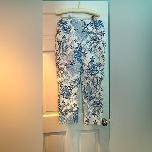 Starfish and coral blue and white pants. Coastal inspired. Designer brand